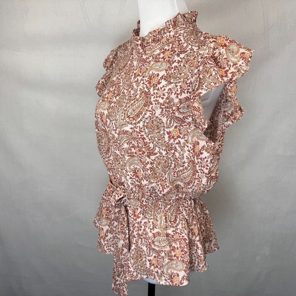 Alice Blue Women Sz M Floral Top Ruffle Crew Neck Cap Sleeves Elastic Waist - Picture 4 of 12